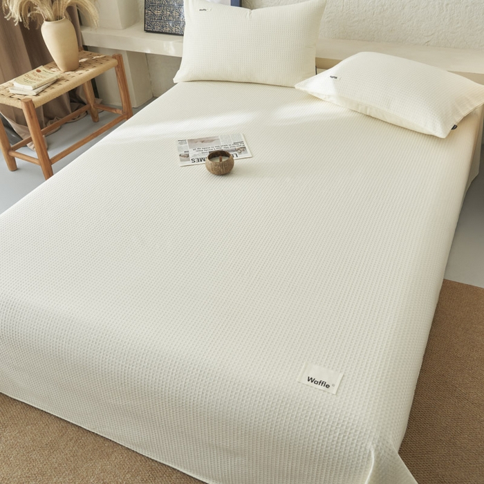 91家纺网 家纺一手货源 找家纺 寐绸家纺 2025新款纯棉华夫格床单拍图二 华夫格床单-奶白