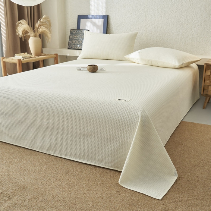 91家纺网 家纺一手货源 找家纺 寐绸家纺 2025新款纯棉华夫格床单拍图二 华夫格床单-奶白