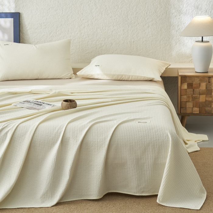 91家纺网 家纺一手货源 找家纺 寐绸家纺 2025新款纯棉华夫格床单拍图二 华夫格床单-奶白