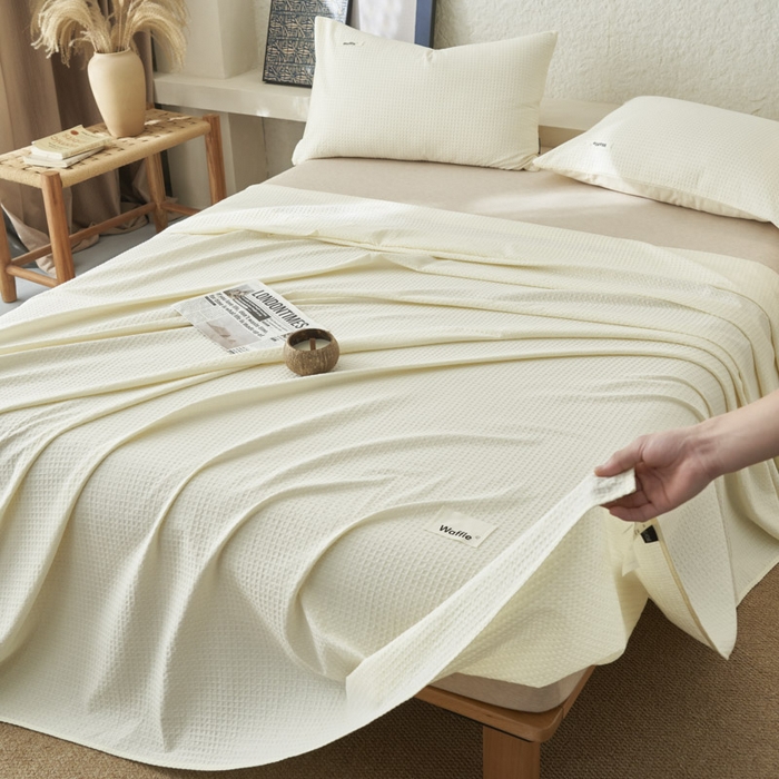 91家纺网 家纺一手货源 找家纺 寐绸家纺 2025新款纯棉华夫格床单拍图二 华夫格床单-奶白