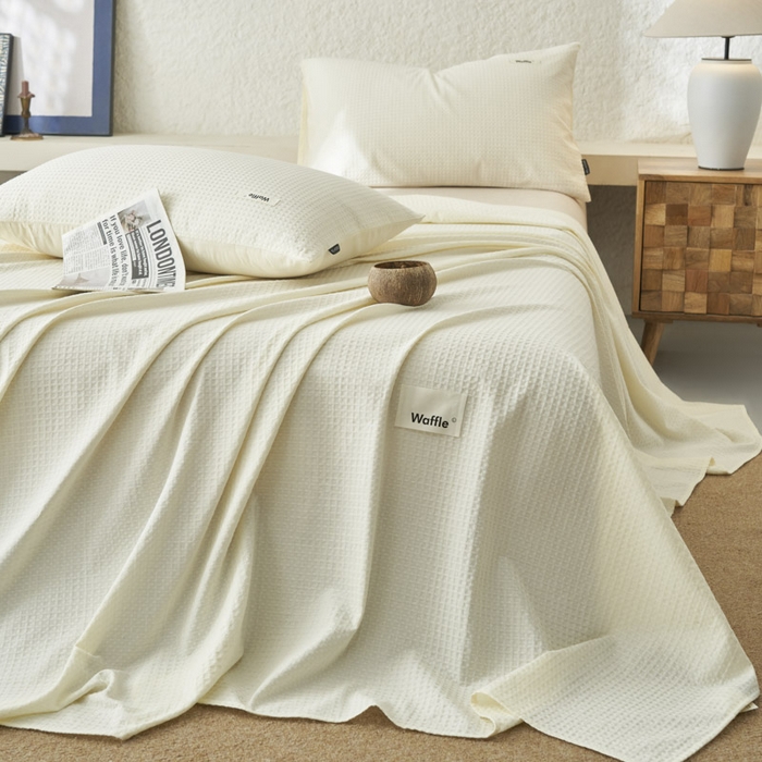 91家纺网 家纺一手货源 找家纺 寐绸家纺 2025新款纯棉华夫格床单拍图二 华夫格床单-奶白