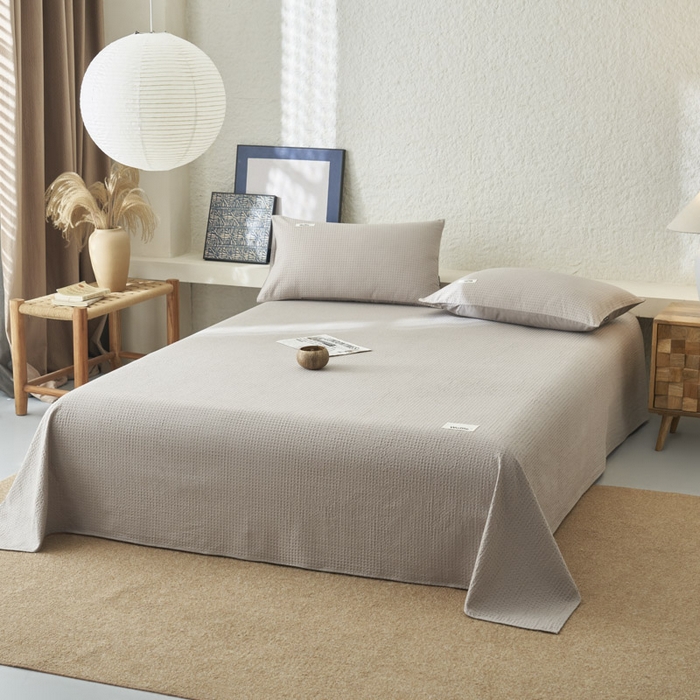 91家纺网 家纺一手货源 找家纺 寐绸家纺 2025新款纯棉华夫格床单拍图二 华夫格床单-浅灰