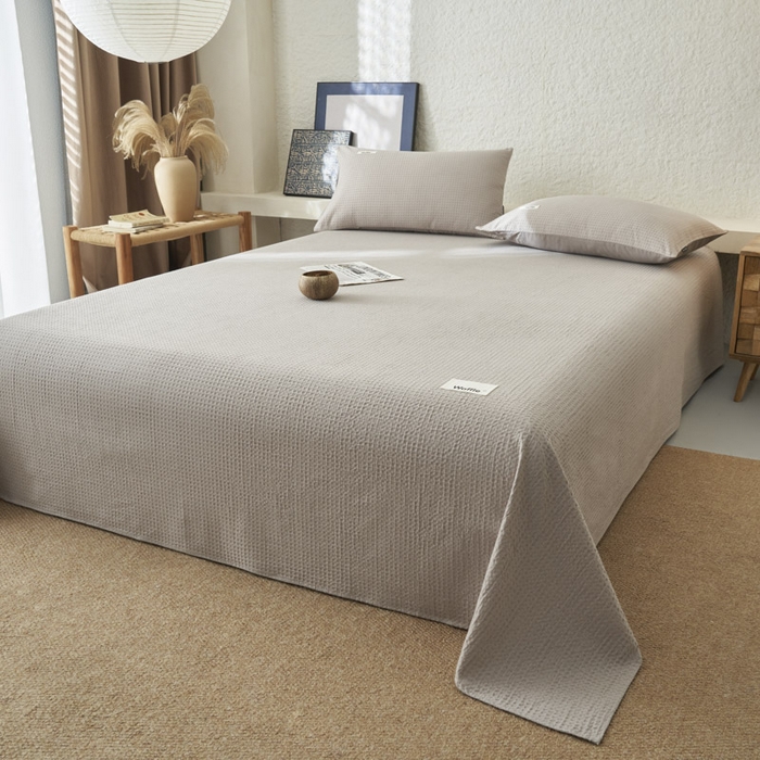 91家纺网 家纺一手货源 找家纺 寐绸家纺 2025新款纯棉华夫格床单拍图二 华夫格床单-浅灰