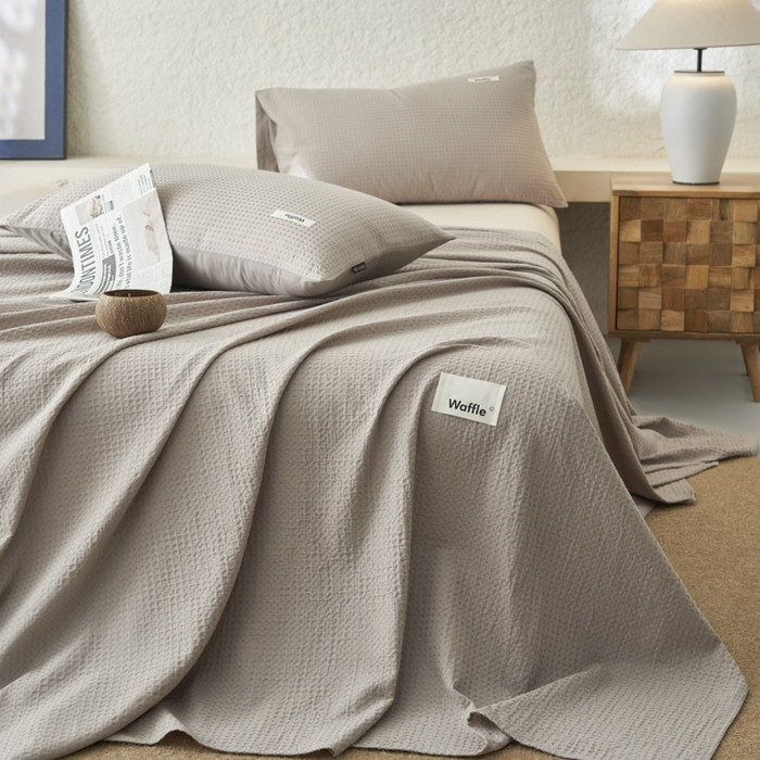 91家纺网 家纺一手货源 找家纺 寐绸家纺 2025新款纯棉华夫格床单拍图二 华夫格床单-浅灰