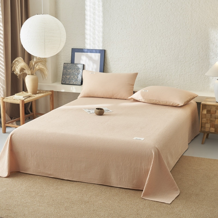 91家纺网 家纺一手货源 找家纺 寐绸家纺 2025新款纯棉华夫格床单拍图二 华夫格床单-杏色