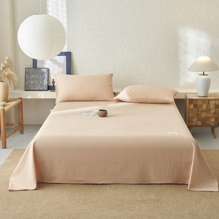 91家纺网 家纺一手货源 找家纺 寐绸家纺 2025新款纯棉华夫格床单拍图二 华夫格床单-杏色