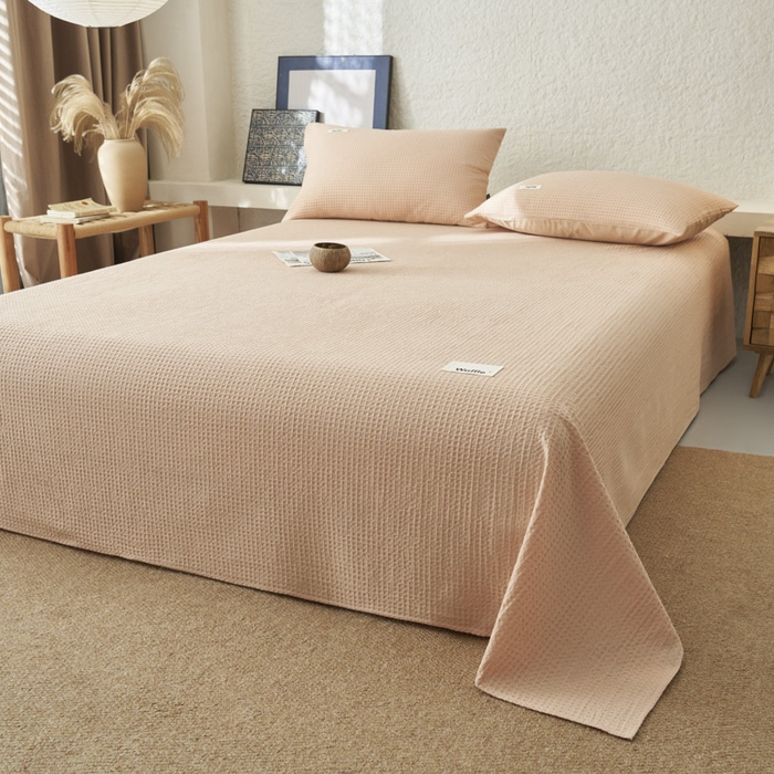 91家纺网 家纺一手货源 找家纺 寐绸家纺 2025新款纯棉华夫格床单拍图二 华夫格床单-杏色