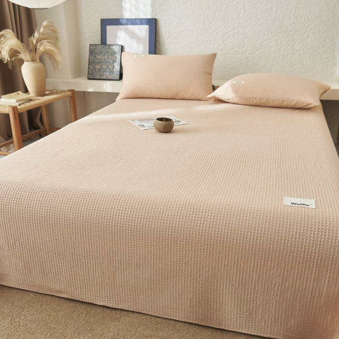 91家纺网 家纺一手货源 找家纺 寐绸家纺 2025新款纯棉华夫格床单拍图二 华夫格床单-杏色