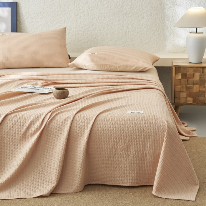 91家纺网 家纺一手货源 找家纺 寐绸家纺 2025新款纯棉华夫格床单拍图二 华夫格床单-杏色