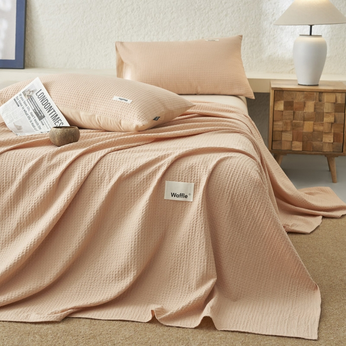 91家纺网 家纺一手货源 找家纺 寐绸家纺 2025新款纯棉华夫格床单拍图二 华夫格床单-杏色