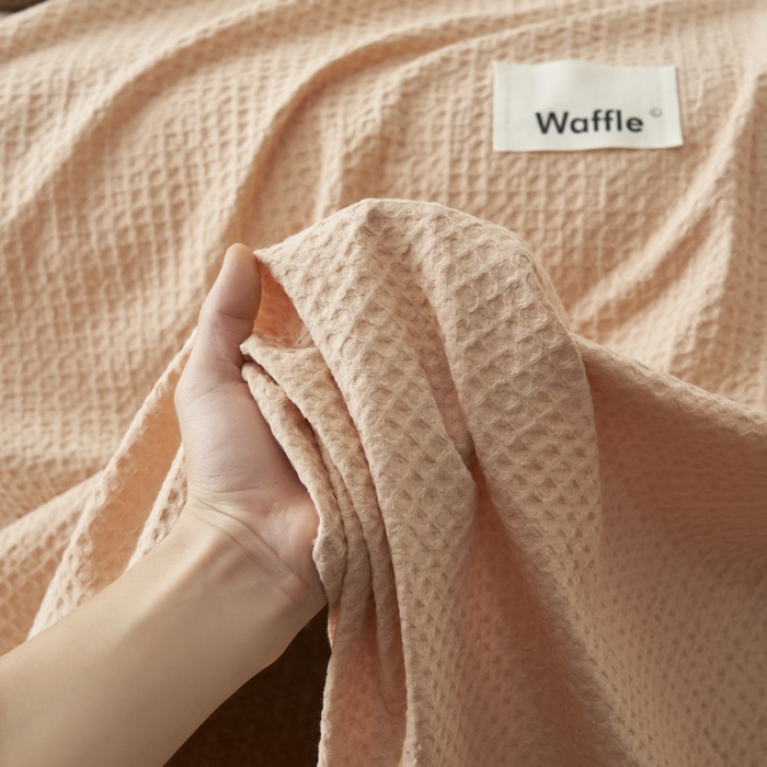 91家纺网 家纺一手货源 找家纺 寐绸家纺 2025新款纯棉华夫格床单拍图二 华夫格床单-杏色