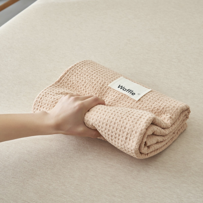 91家纺网 家纺一手货源 找家纺 寐绸家纺 2025新款纯棉华夫格床单拍图二 华夫格床单-杏色