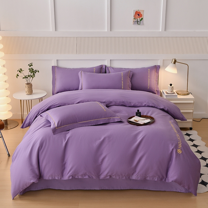 宇彬家纺 2025直播热新款13374全棉母婴级压线纯色刺绣四件套全棉贡缎新疆长绒字母款轻奢 山茶-典雅紫