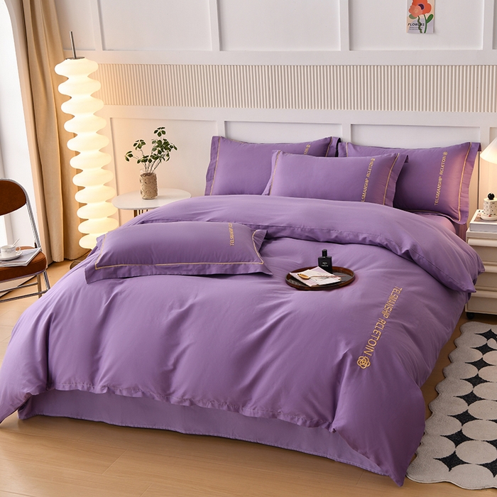 91家纺网 家纺一手货源 找家纺 宇彬家纺 2025直播热新款13374全棉母婴级压线纯色刺绣四件套全棉贡缎新疆长绒字母款轻奢 山茶-典雅紫