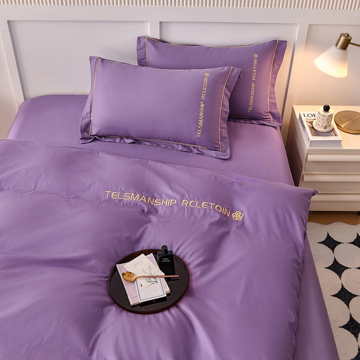 91家纺网 家纺一手货源 找家纺 宇彬家纺 2025直播热新款13374全棉母婴级压线纯色刺绣四件套全棉贡缎新疆长绒字母款轻奢 山茶-典雅紫