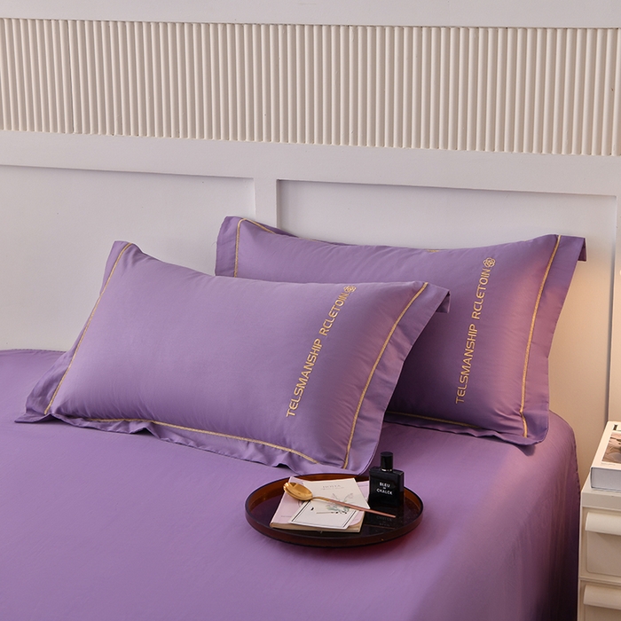 91家纺网 家纺一手货源 找家纺 宇彬家纺 2025直播热新款13374全棉母婴级压线纯色刺绣四件套全棉贡缎新疆长绒字母款轻奢 山茶-典雅紫