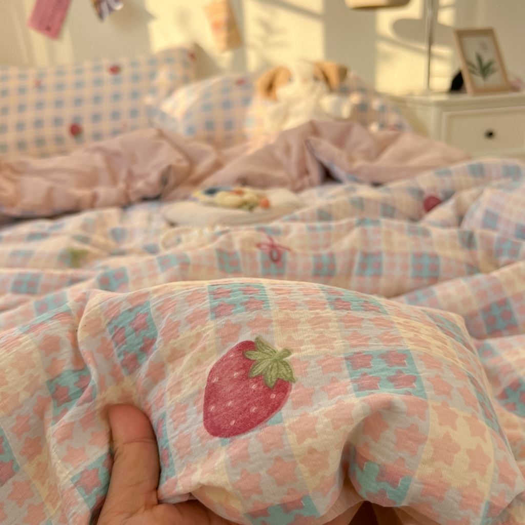 91家纺网 家纺一手货源 找家纺 韩巢家纺 2025新款A类云感双层纱夏被夏凉被空调被薄被子空调被 草莓格