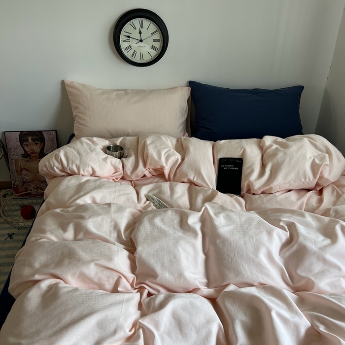 91家纺网 家纺一手货源 找家纺 蜜宿 2025新款全棉纯棉人字纹四件套-白桃卷卷 白桃卷卷（纯色混搭）