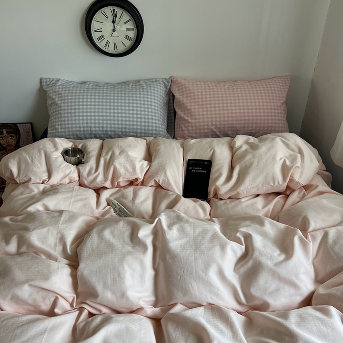 蜜宿 2025新款全棉纯棉人字纹四件套-白桃卷卷 白桃卷卷（蓝小格混搭粉小格）