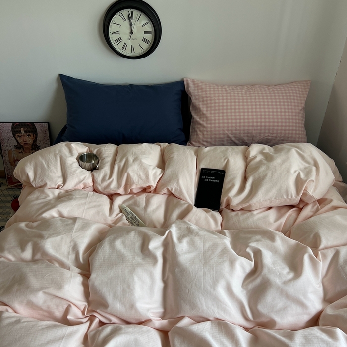 蜜宿 2025新款全棉纯棉人字纹四件套-白桃卷卷 白桃卷卷（深蓝混搭粉小格）