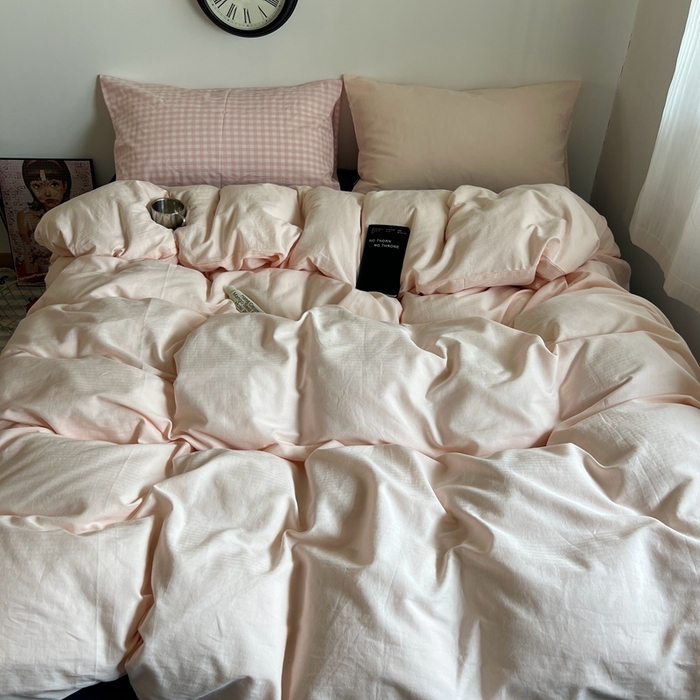 蜜宿 2025新款全棉纯棉人字纹四件套-白桃卷卷 白桃卷卷（桃粉混搭粉小格）