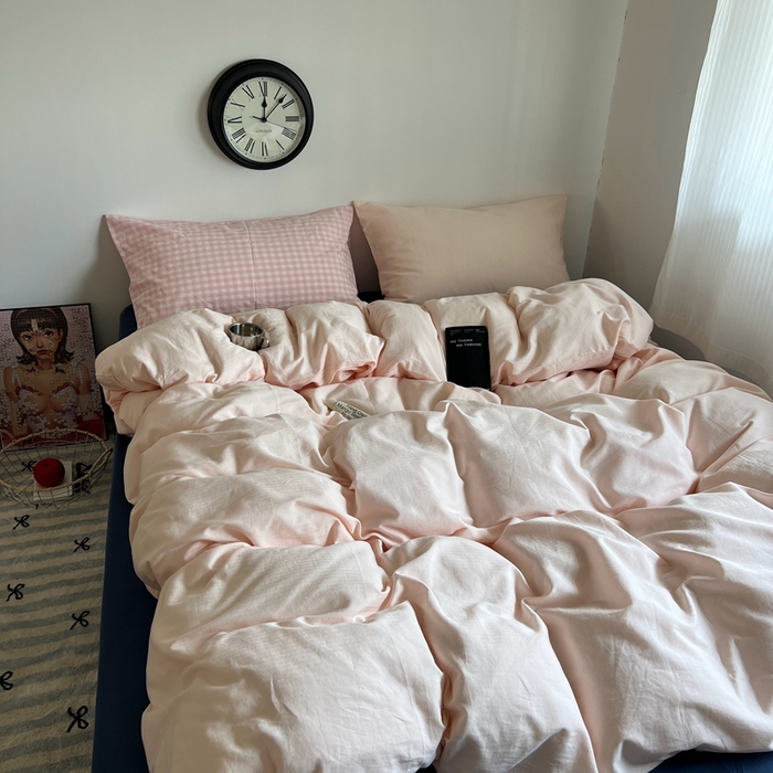 91家纺网 家纺一手货源 找家纺 蜜宿 2025新款全棉纯棉人字纹四件套-白桃卷卷 白桃卷卷（桃粉混搭粉小格）