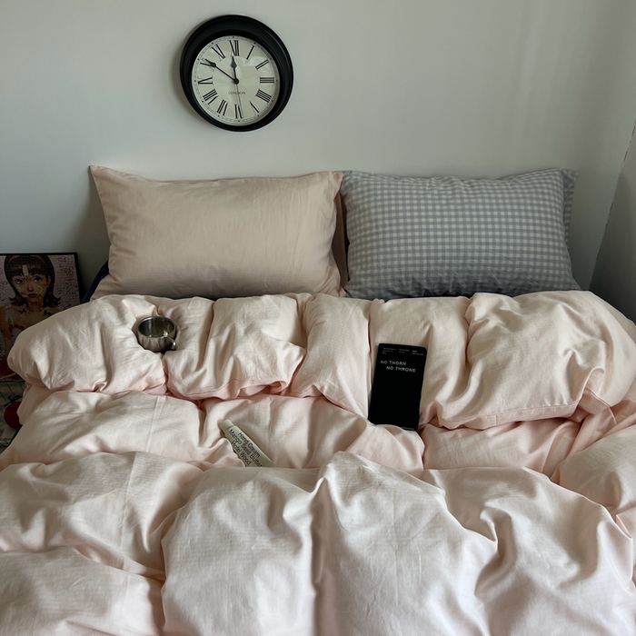 蜜宿 2025新款全棉纯棉人字纹四件套-白桃卷卷 白桃卷卷（桃粉混搭蓝小格）