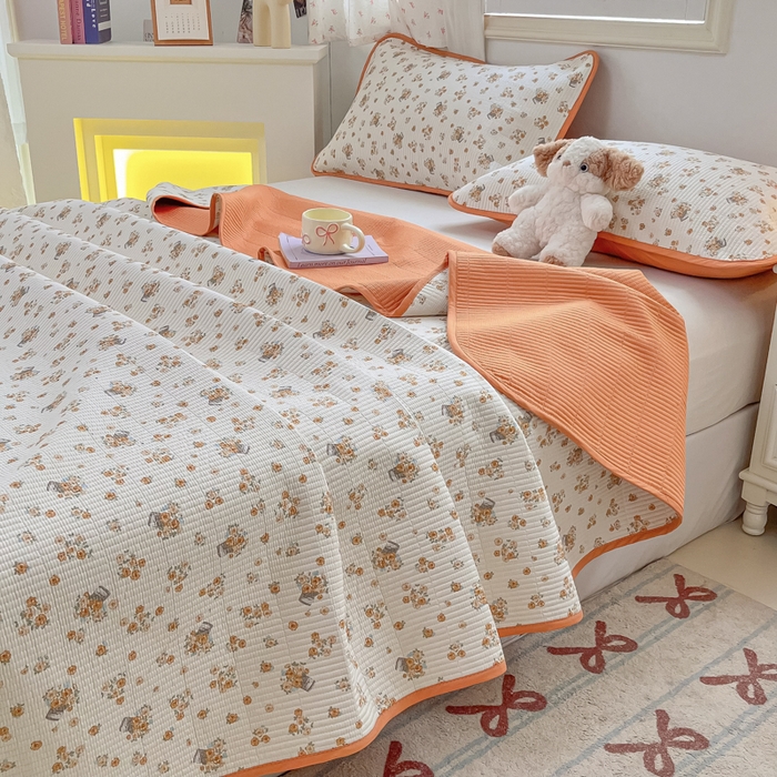 91家纺网 家纺一手货源 找家纺 慕晨 2025新款酵素砂洗双面全棉纯棉棉花单床盖 床盖单件-场景一 橘色佳人