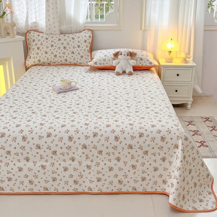 91家纺网 家纺一手货源 找家纺 慕晨 2025新款酵素砂洗双面全棉纯棉棉花单床盖 床盖单件-场景一 橘色佳人