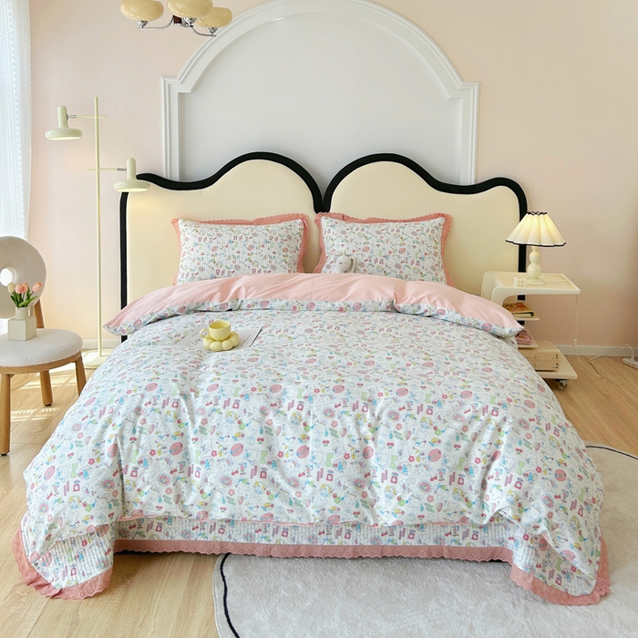 柠馨 2025新款全棉纯棉印花花边床盖四件套-随心配系列 枝枝桃桃