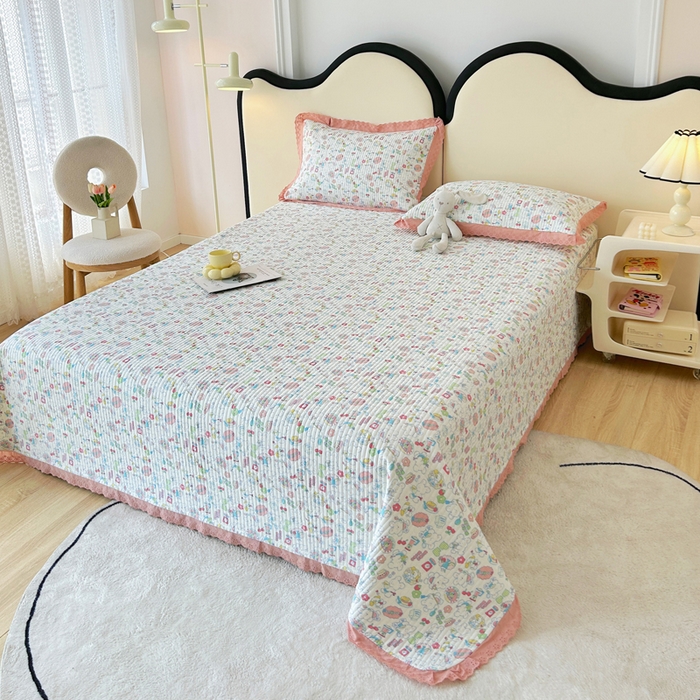 91家纺网 家纺一手货源 找家纺 柠馨 2025新款全棉纯棉印花花边床盖四件套-随心配系列 枝枝桃桃