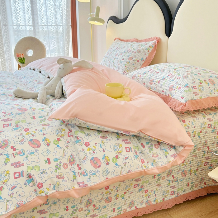 91家纺网 家纺一手货源 找家纺 柠馨 2025新款全棉纯棉印花花边床盖四件套-随心配系列 枝枝桃桃