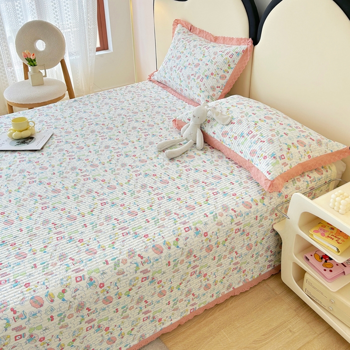 91家纺网 家纺一手货源 找家纺 柠馨 2025新款全棉纯棉印花花边床盖四件套-随心配系列 枝枝桃桃