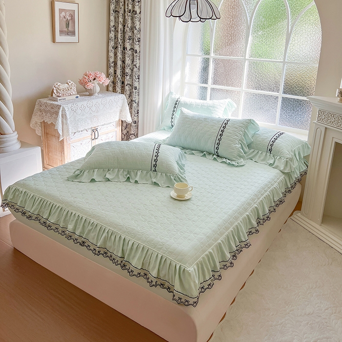 91家纺网 家纺一手货源 找家纺 麒豆豆 2025新款喜芙棉蕾丝夹棉蜜芙蕾床笠 豆蔻绿