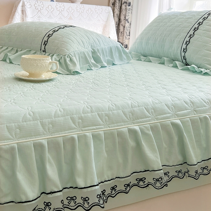 91家纺网 家纺一手货源 找家纺 麒豆豆 2025新款喜芙棉蕾丝夹棉蜜芙蕾床笠 豆蔻绿