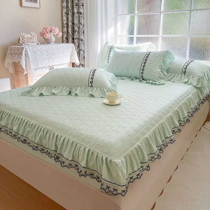 91家纺网 家纺一手货源 找家纺 麒豆豆 2025新款喜芙棉蕾丝夹棉蜜芙蕾床笠 豆蔻绿