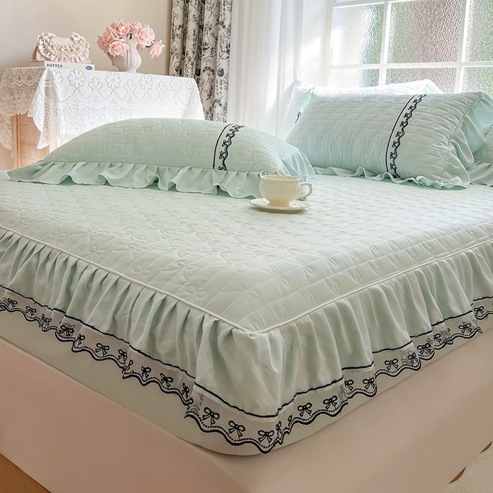 91家纺网 家纺一手货源 找家纺 麒豆豆 2025新款喜芙棉蕾丝夹棉蜜芙蕾床笠 豆蔻绿