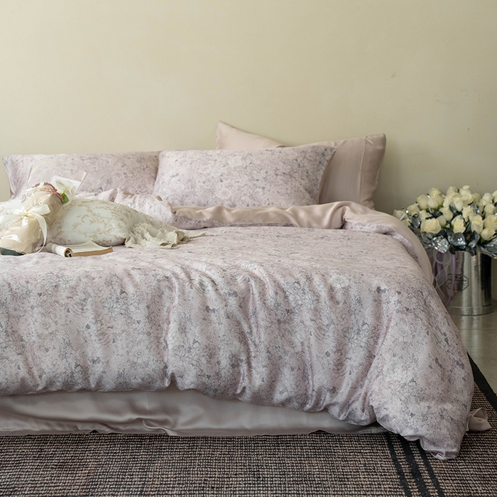 91家纺网 家纺一手货源 找家纺 禾时 2025新款60S兰精天丝数码印花四件套进口莱赛尔床品套件 安夏-粉