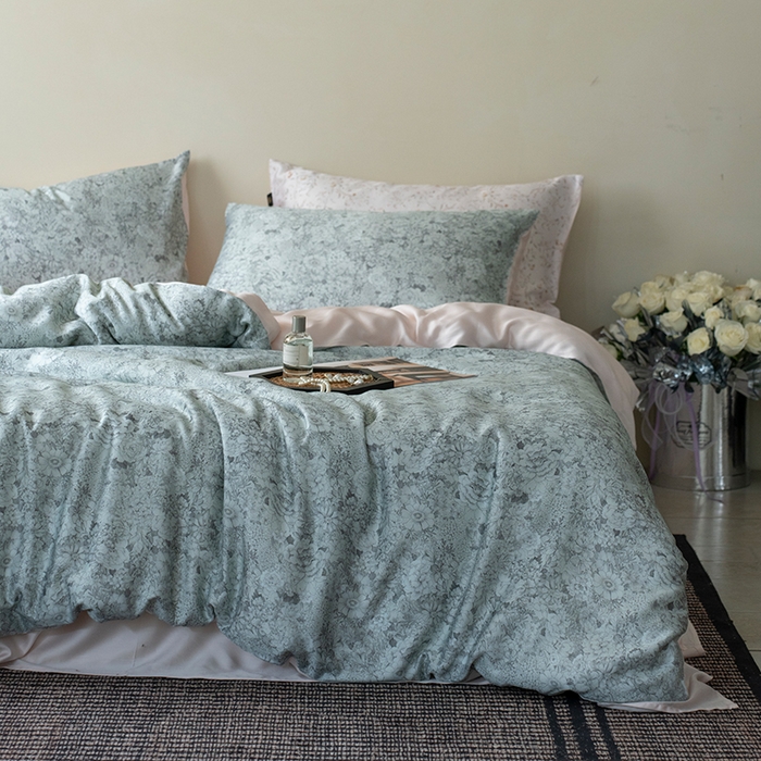 91家纺网 家纺一手货源 找家纺 禾时 2025新款60S兰精天丝数码印花四件套进口莱赛尔床品套件 安夏-绿