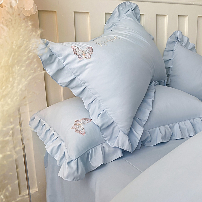 91家纺网 家纺一手货源 找家纺 可以家居 2025新款四季款韩版水洗棉澳棉刺绣四件套 玛格丽繁星蓝