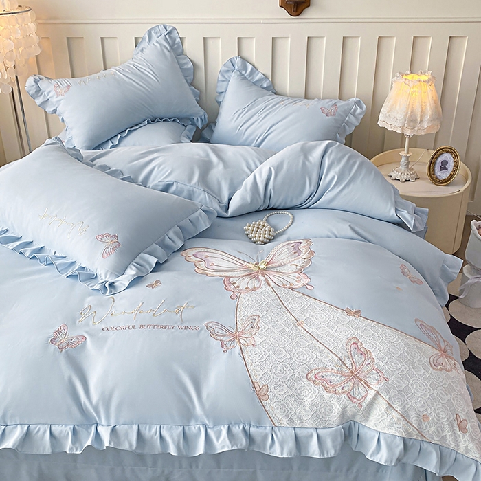 91家纺网 家纺一手货源 找家纺 可以家居 2025新款四季款韩版水洗棉澳棉刺绣四件套 玛格丽繁星蓝