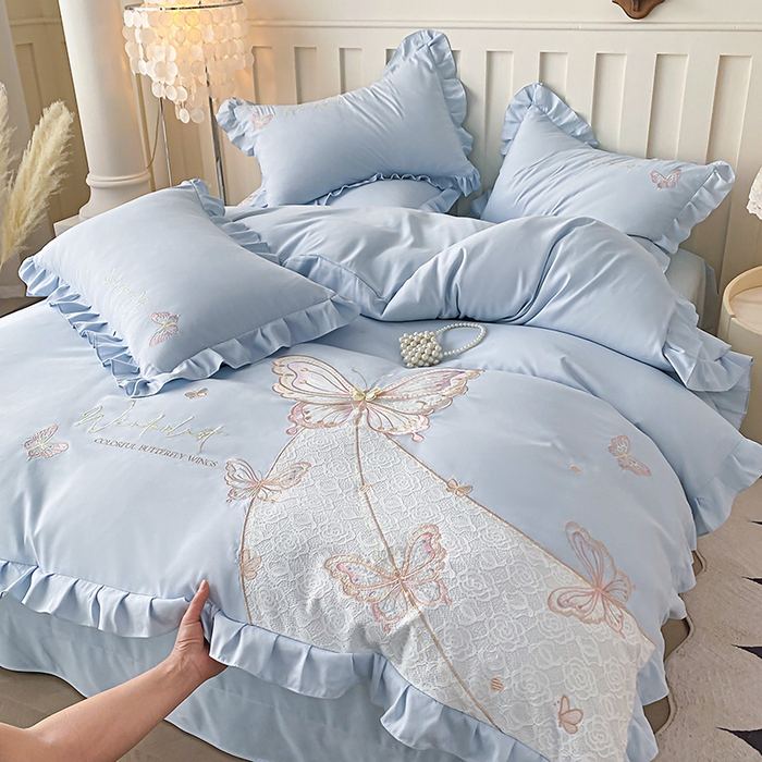 91家纺网 家纺一手货源 找家纺 可以家居 2025新款四季款韩版水洗棉澳棉刺绣四件套 玛格丽繁星蓝