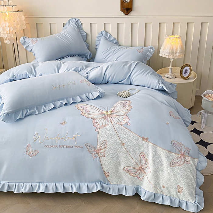 91家纺网 家纺一手货源 找家纺 可以家居 2025新款四季款韩版水洗棉澳棉刺绣四件套 玛格丽繁星蓝