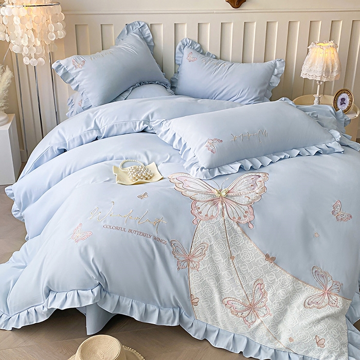 91家纺网 家纺一手货源 找家纺 可以家居 2025新款四季款韩版水洗棉澳棉刺绣四件套 玛格丽繁星蓝