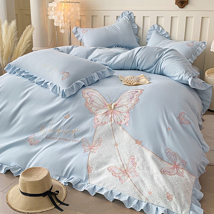 91家纺网 家纺一手货源 找家纺 可以家居 2025新款四季款韩版水洗棉澳棉刺绣四件套 玛格丽繁星蓝