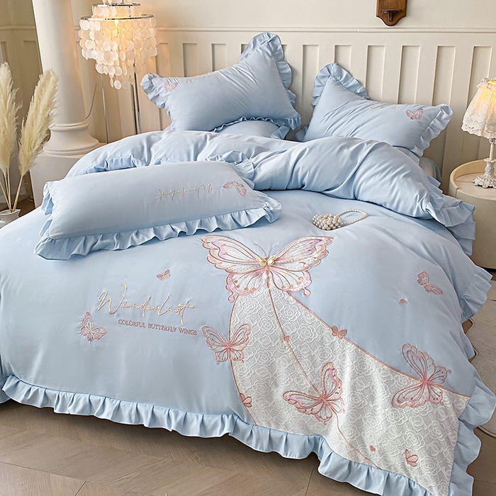 91家纺网 家纺一手货源 找家纺 可以家居 2025新款四季款韩版水洗棉澳棉刺绣四件套 玛格丽繁星蓝