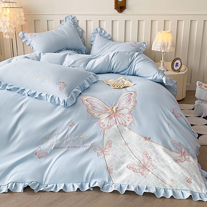 91家纺网 家纺一手货源 找家纺 可以家居 2025新款四季款韩版水洗棉澳棉刺绣四件套 玛格丽繁星蓝