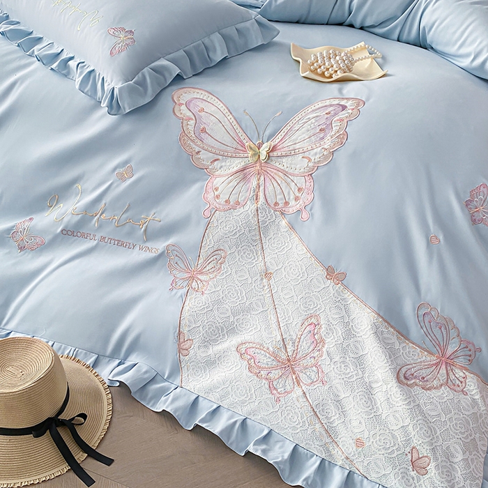 91家纺网 家纺一手货源 找家纺 可以家居 2025新款四季款韩版水洗棉澳棉刺绣四件套 玛格丽繁星蓝