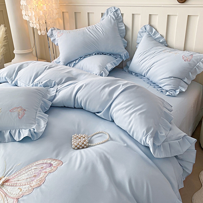 91家纺网 家纺一手货源 找家纺 可以家居 2025新款四季款韩版水洗棉澳棉刺绣四件套 玛格丽繁星蓝