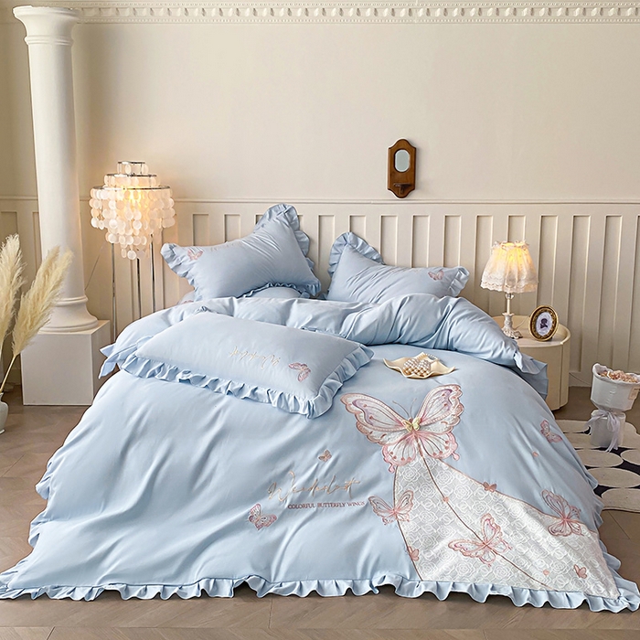 91家纺网 家纺一手货源 找家纺 可以家居 2025新款四季款韩版水洗棉澳棉刺绣四件套 玛格丽繁星蓝